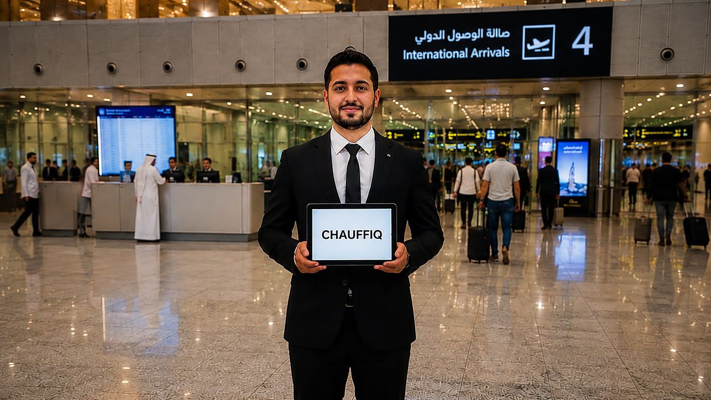 Luxury airport transfer Riyadh, chauffeur meet and greet at arrivals with a CHAUFFIQ welcome iPad