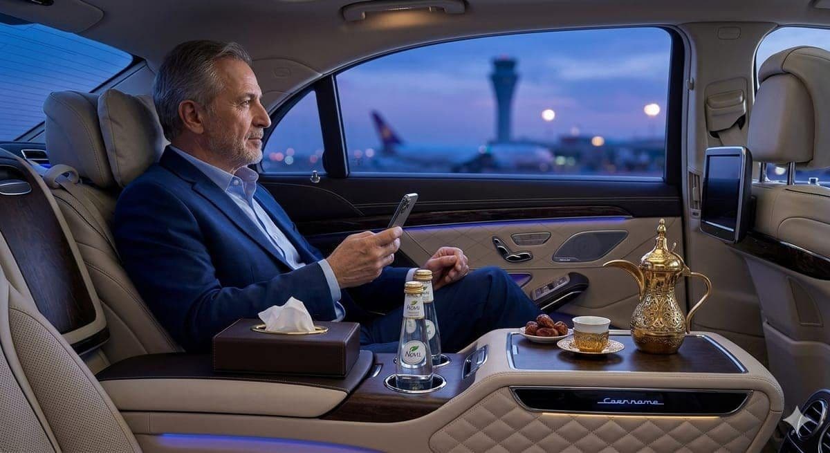 Gahwa and dates served on the rear console, the airport control tower outside the window