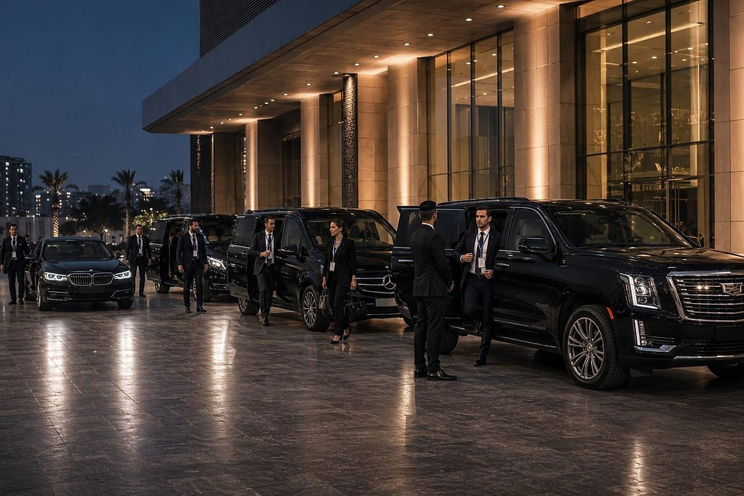 Corporate chauffeur service Riyadh, CHAUFFIQ fleet receiving delegates at an evening venue