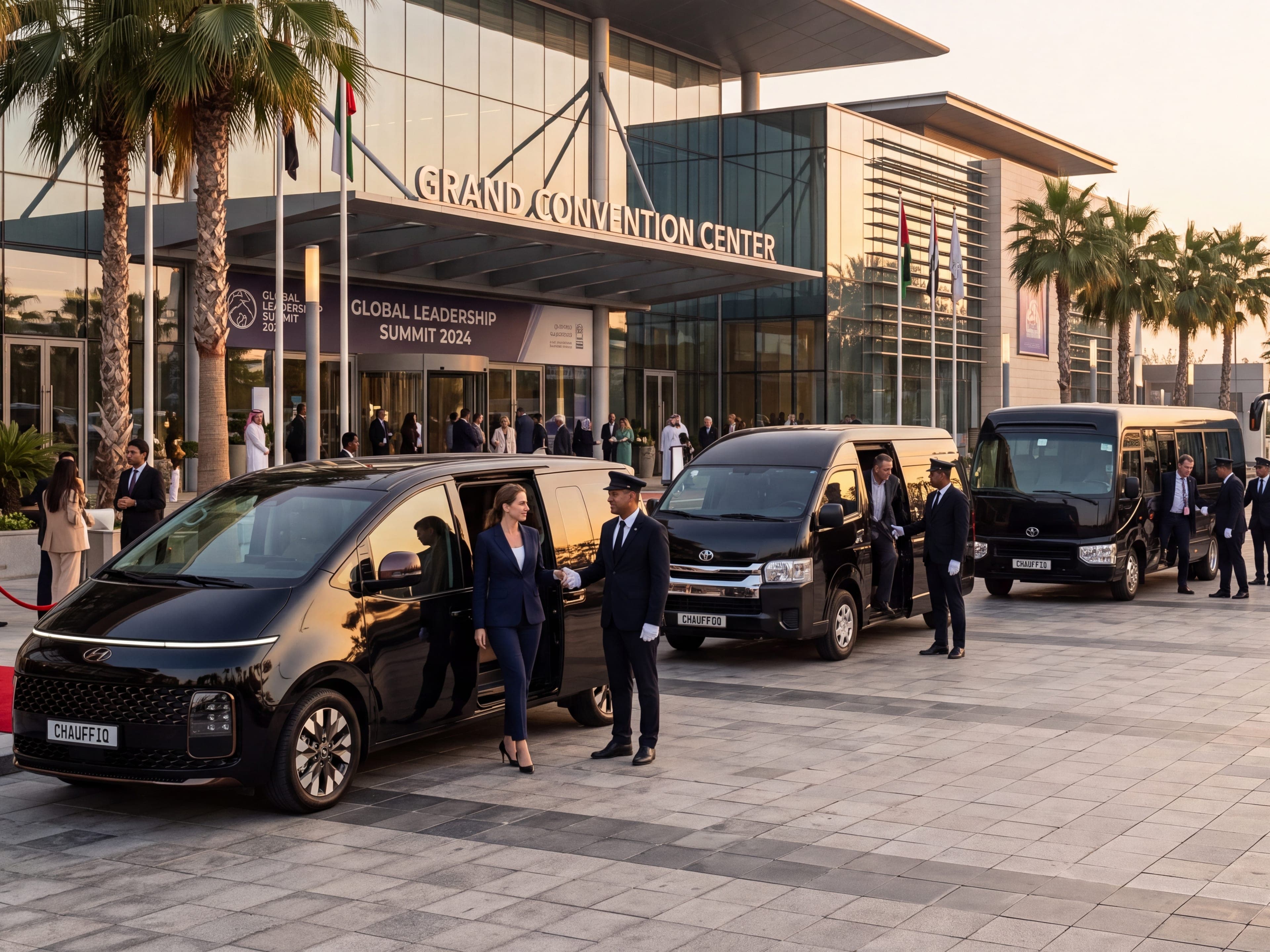 Event transportation Riyadh, CHAUFFIQ chauffeurs and a fleet of black vans and coaches receiving delegates at a convention centre summit
