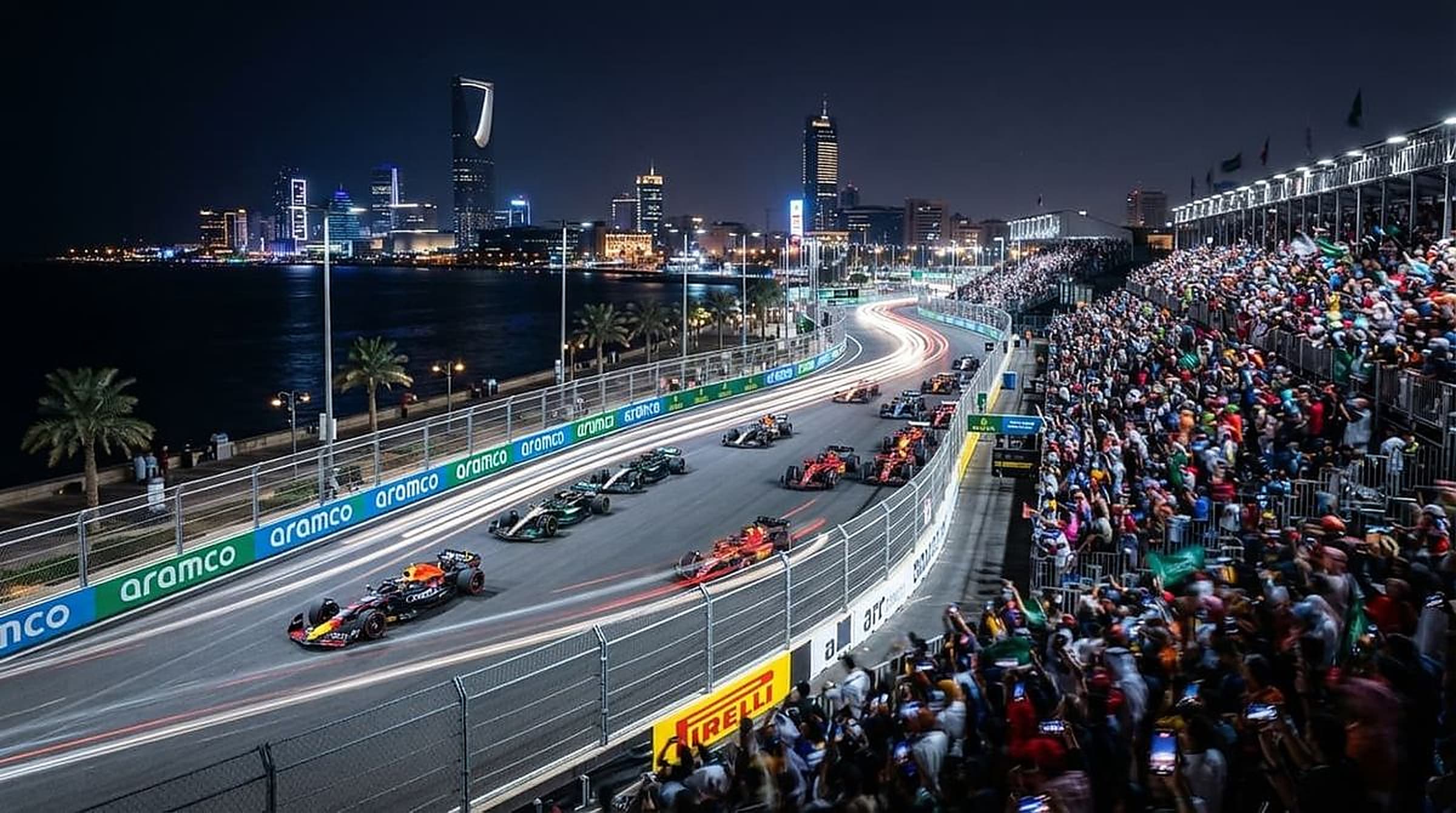 Formula 1 cars racing the Jeddah Corniche Circuit at night