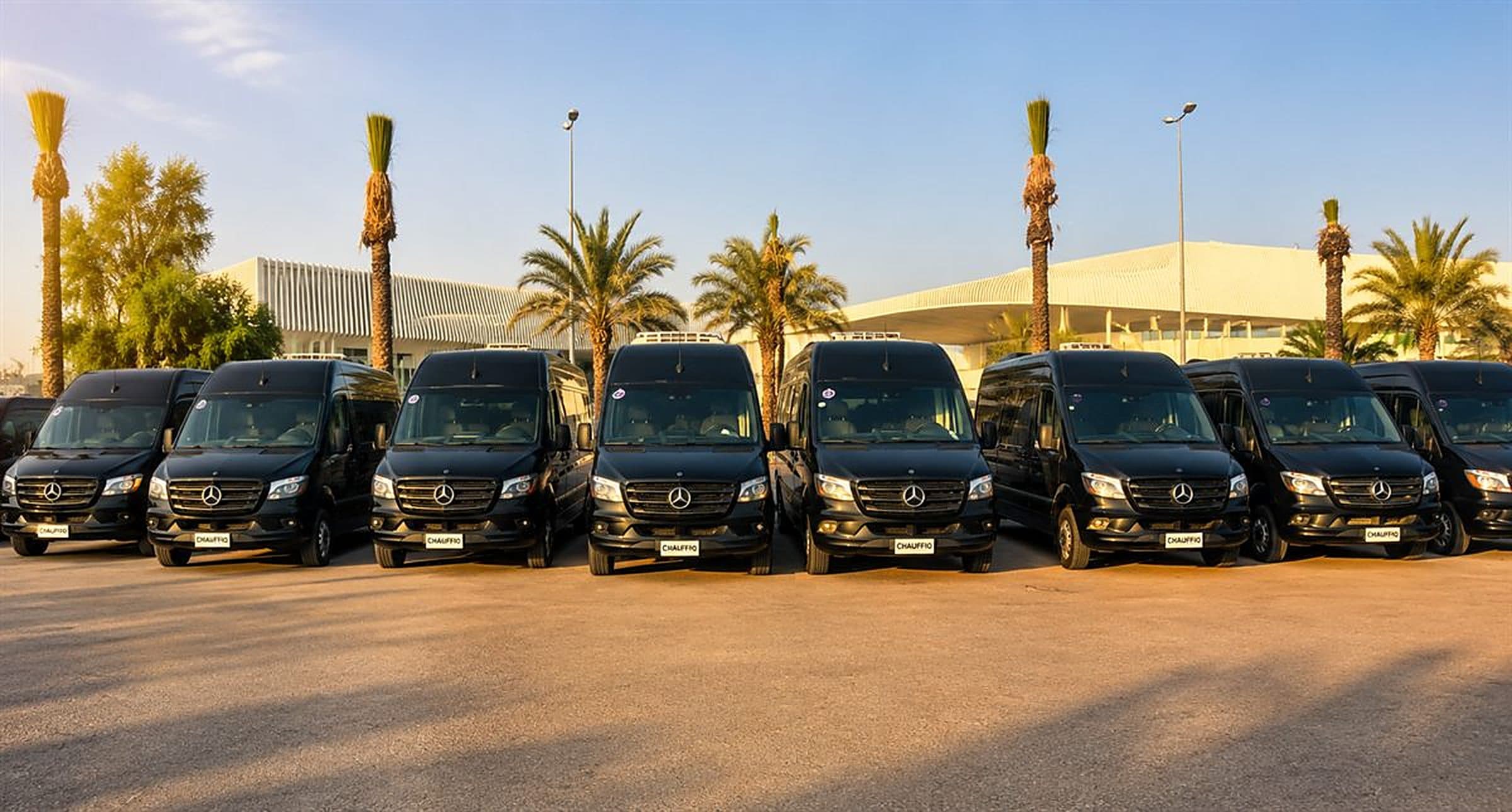 Hotel limousine service Riyadh, black Sprinter vans lined up outside a hotel