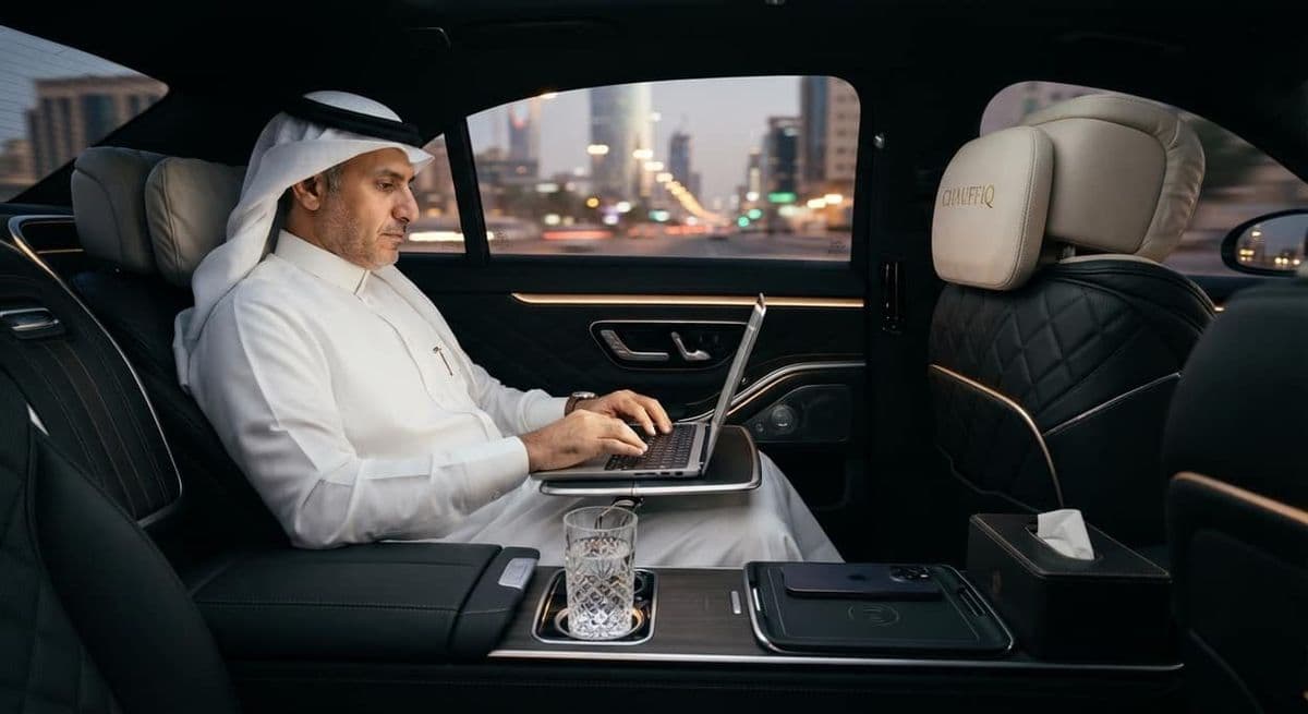CHAUFFIQ-branded rear cabin of a Mercedes S-Class, ready for the working day