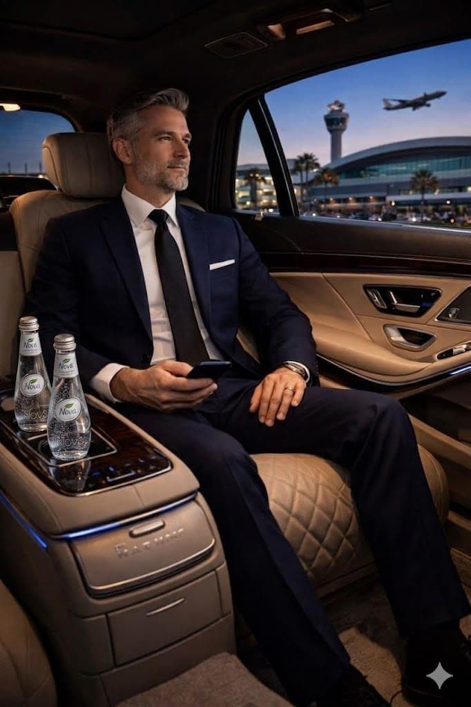 Rear lounge of a Mercedes-Benz S-Class, the standby car held for a summit speaker in Riyadh