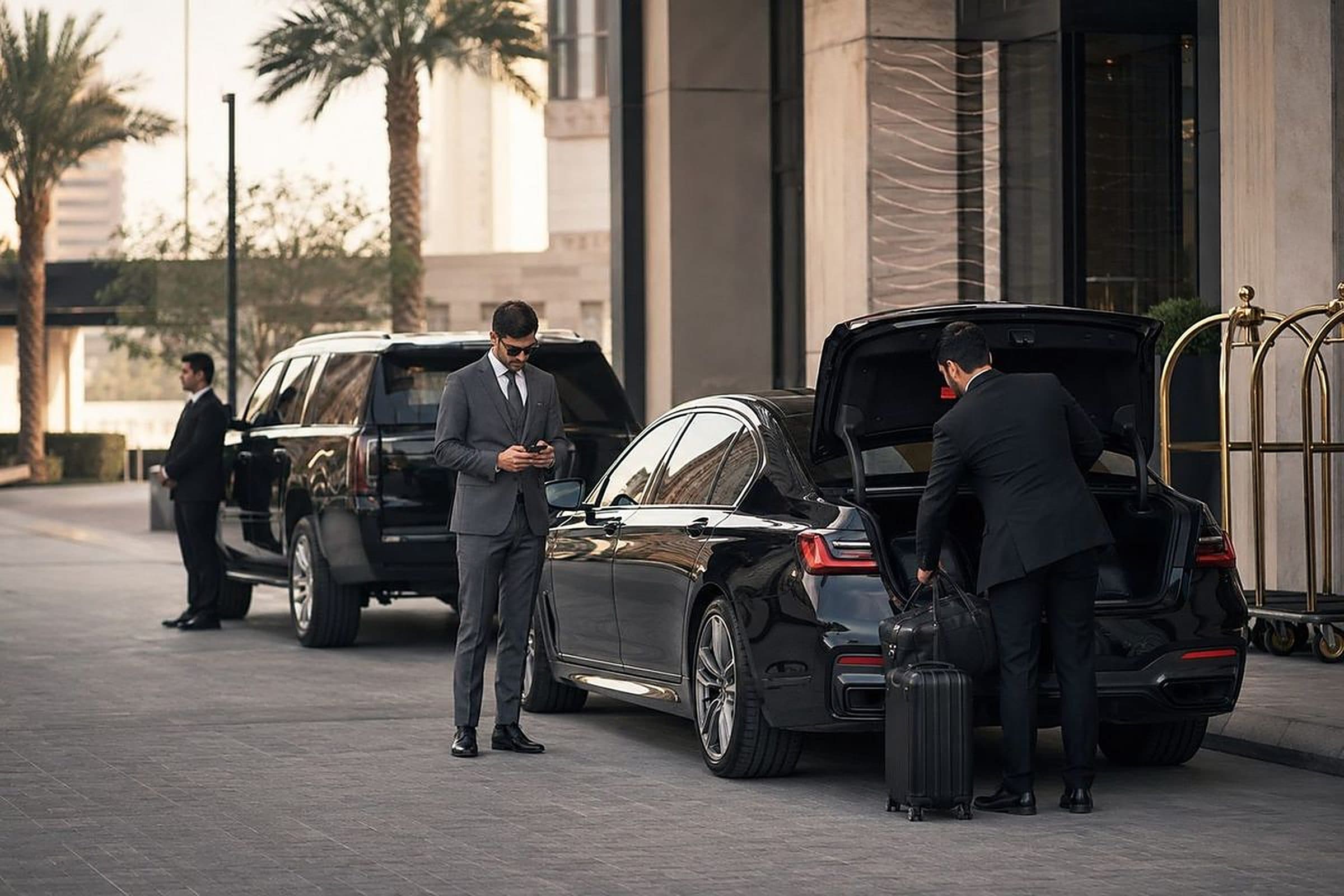 Private chauffeur service Riyadh, executive sedan loaded at a hotel forecourt