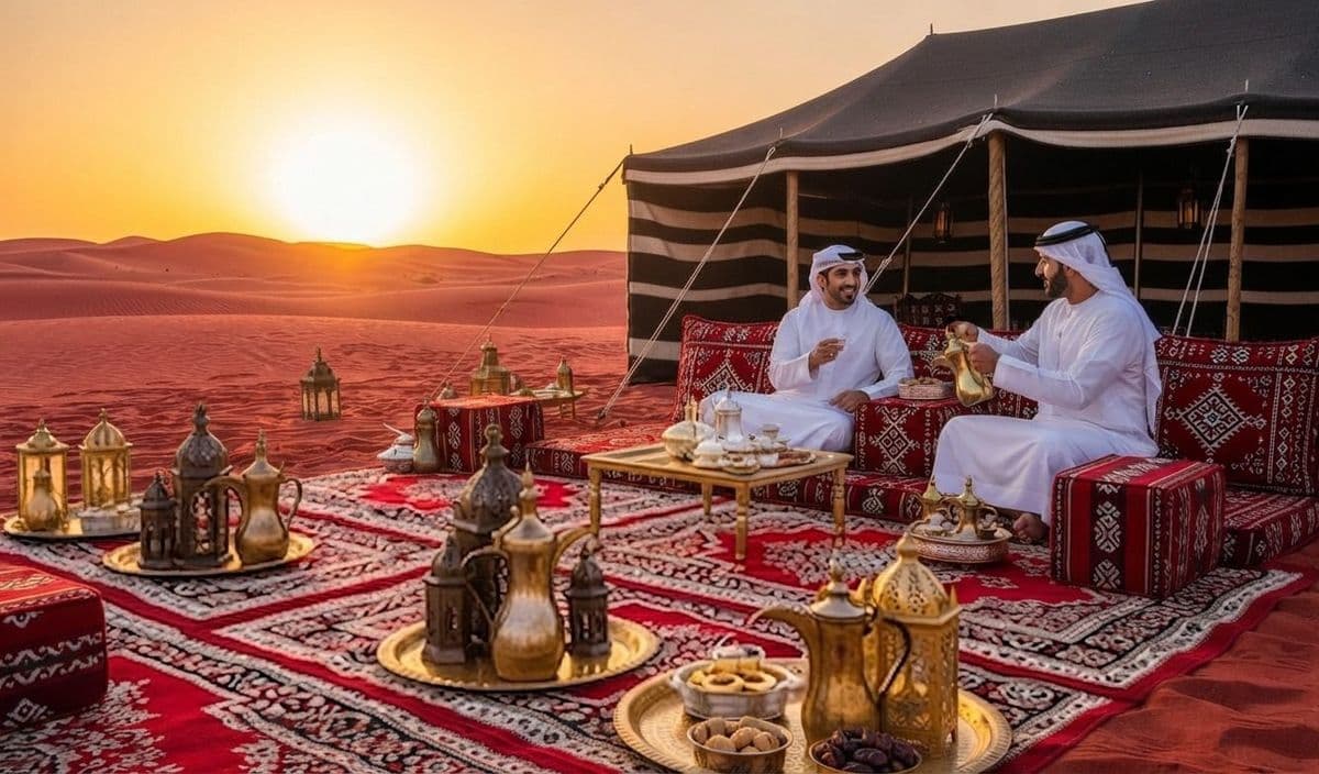 Guests taking gahwa in a desert majlis on the red dunes at sunset