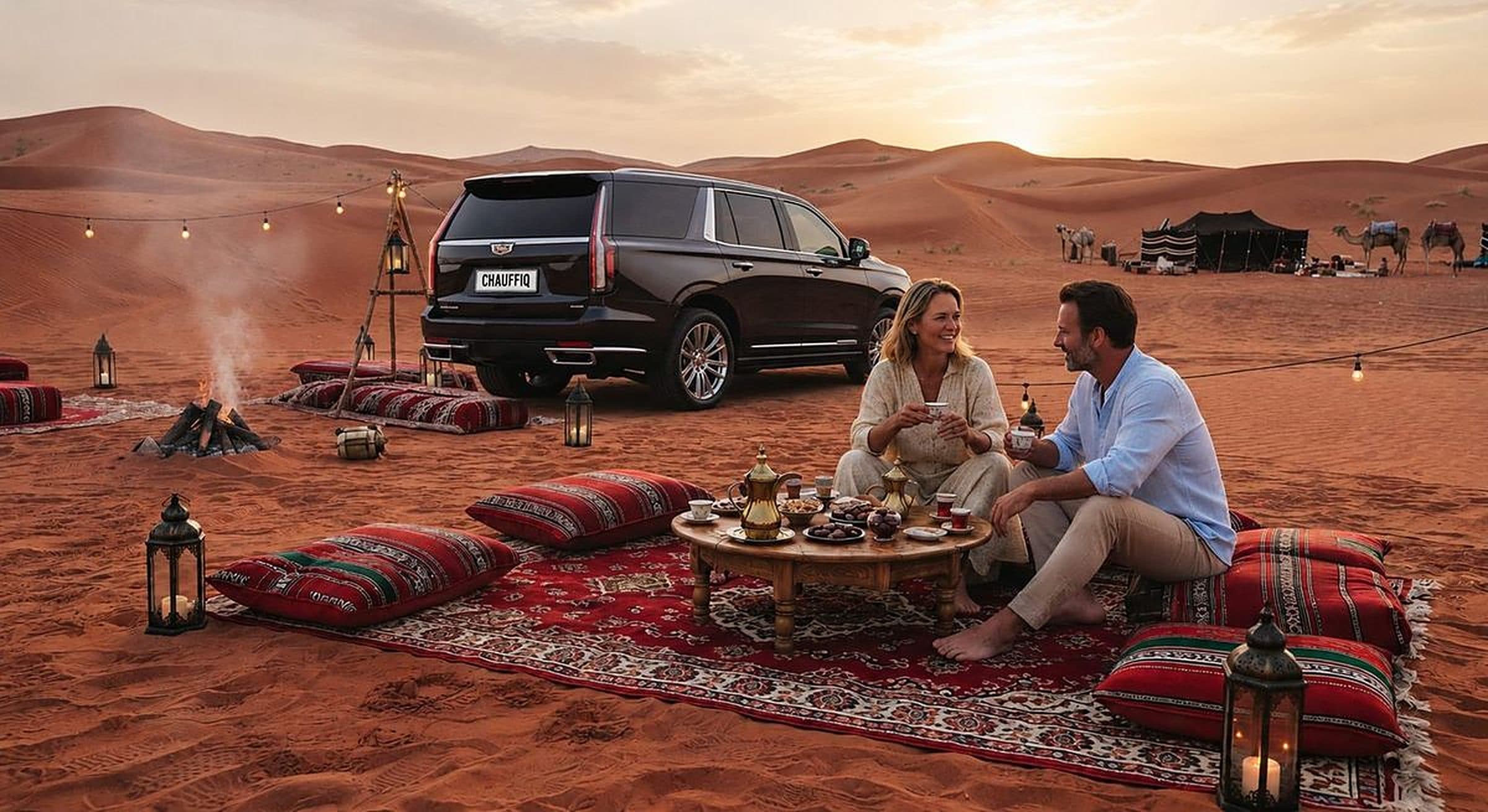 Riyadh sightseeing tour, gahwa served beside an Escalade in the red dunes at sunset