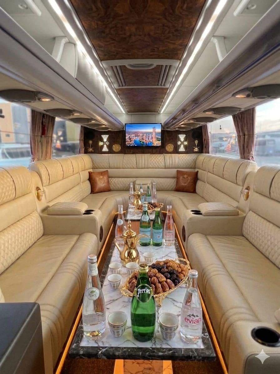 The majlis lounge cabin of a VVIP coach used to keep a visiting delegation together in Riyadh