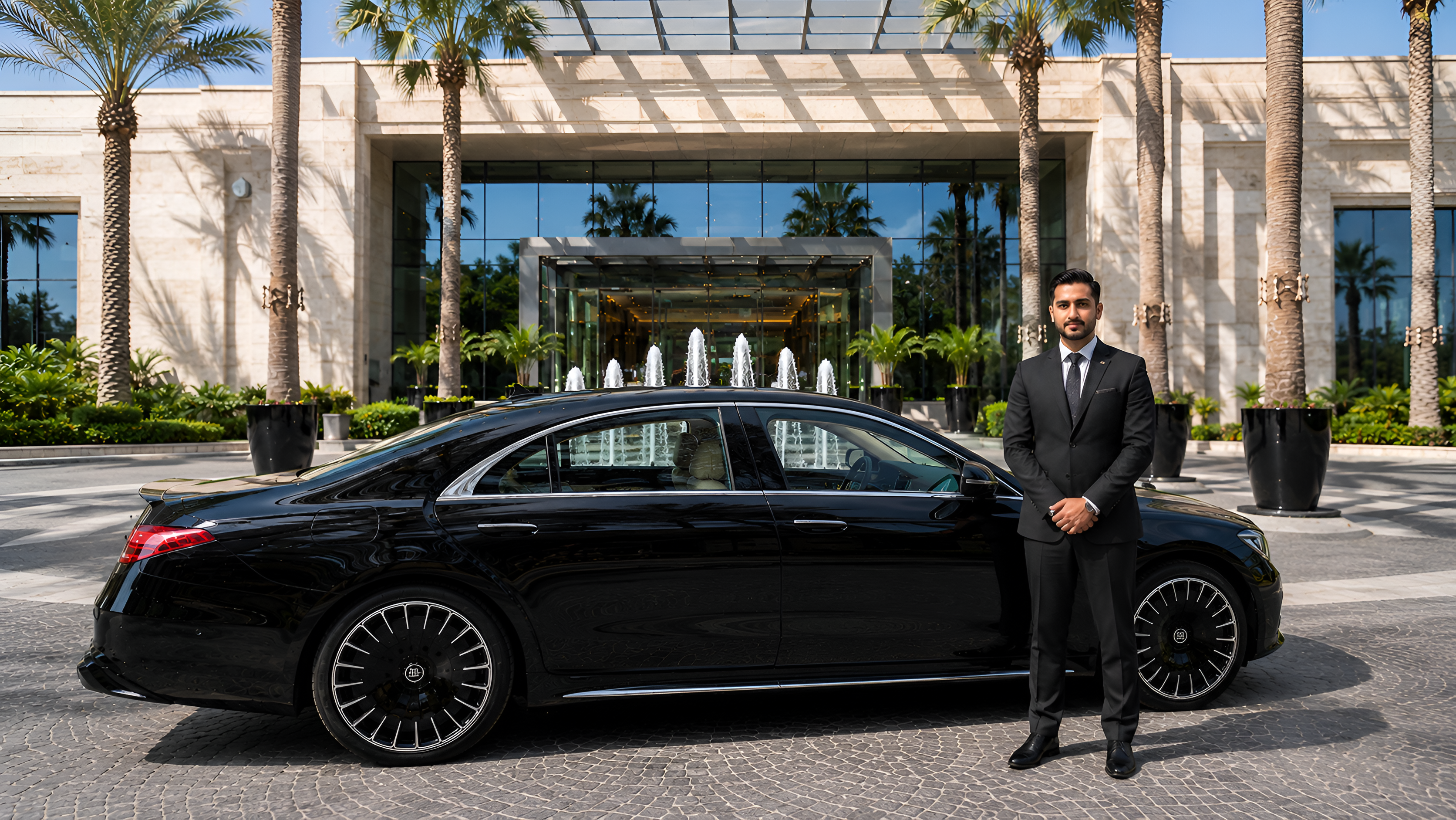 Luxury chauffeur service in Riyadh, a CHAUFFIQ chauffeur beside a Mercedes S-Class at a hotel entrance