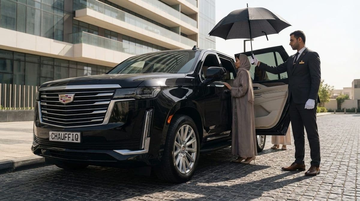 CHAUFFIQ chauffeur holding an umbrella for a guest beside a Cadillac Escalade in Riyadh