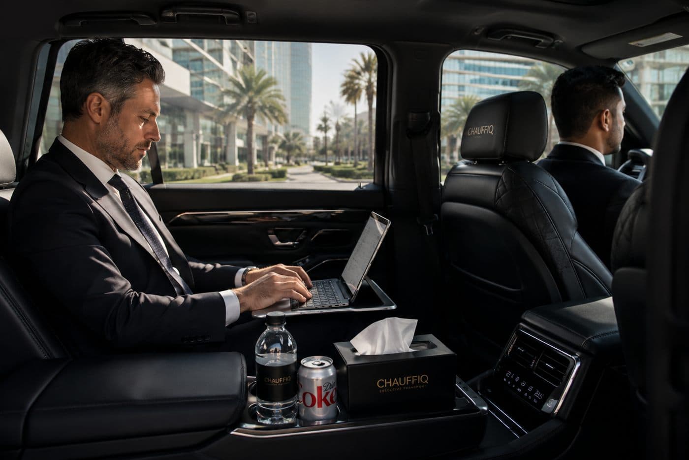 Guest working in the stocked rear cabin of a CHAUFFIQ SUV