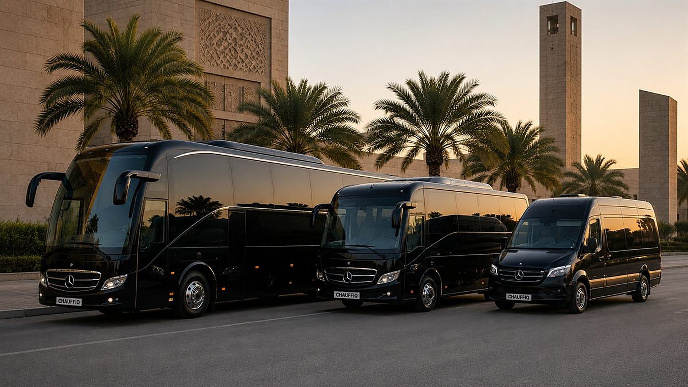 CHAUFFIQ Coaster in the black fleet line outside a Riyadh venue