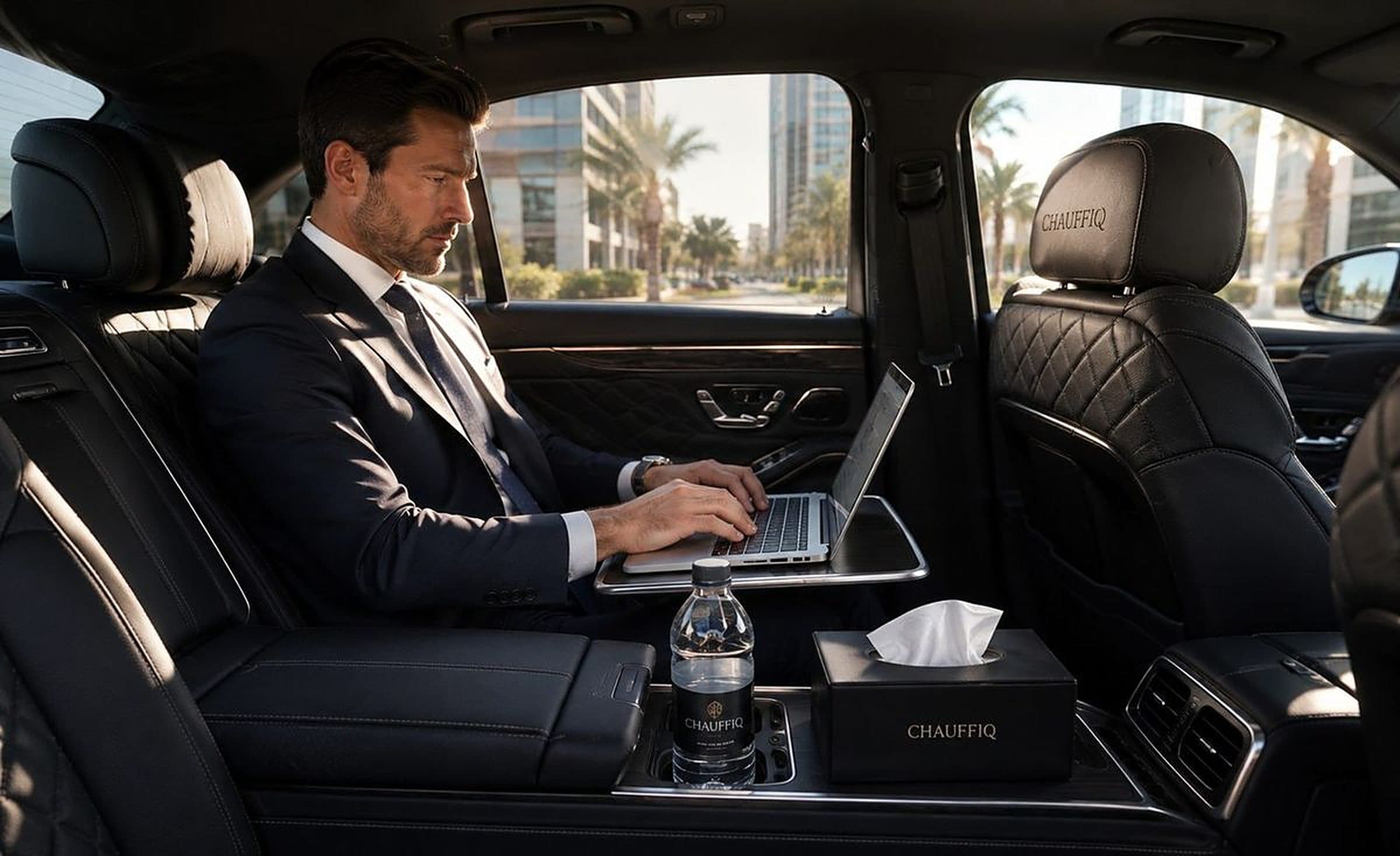 The rear cabin of an executive sedan prepared and waiting ahead of a briefed journey