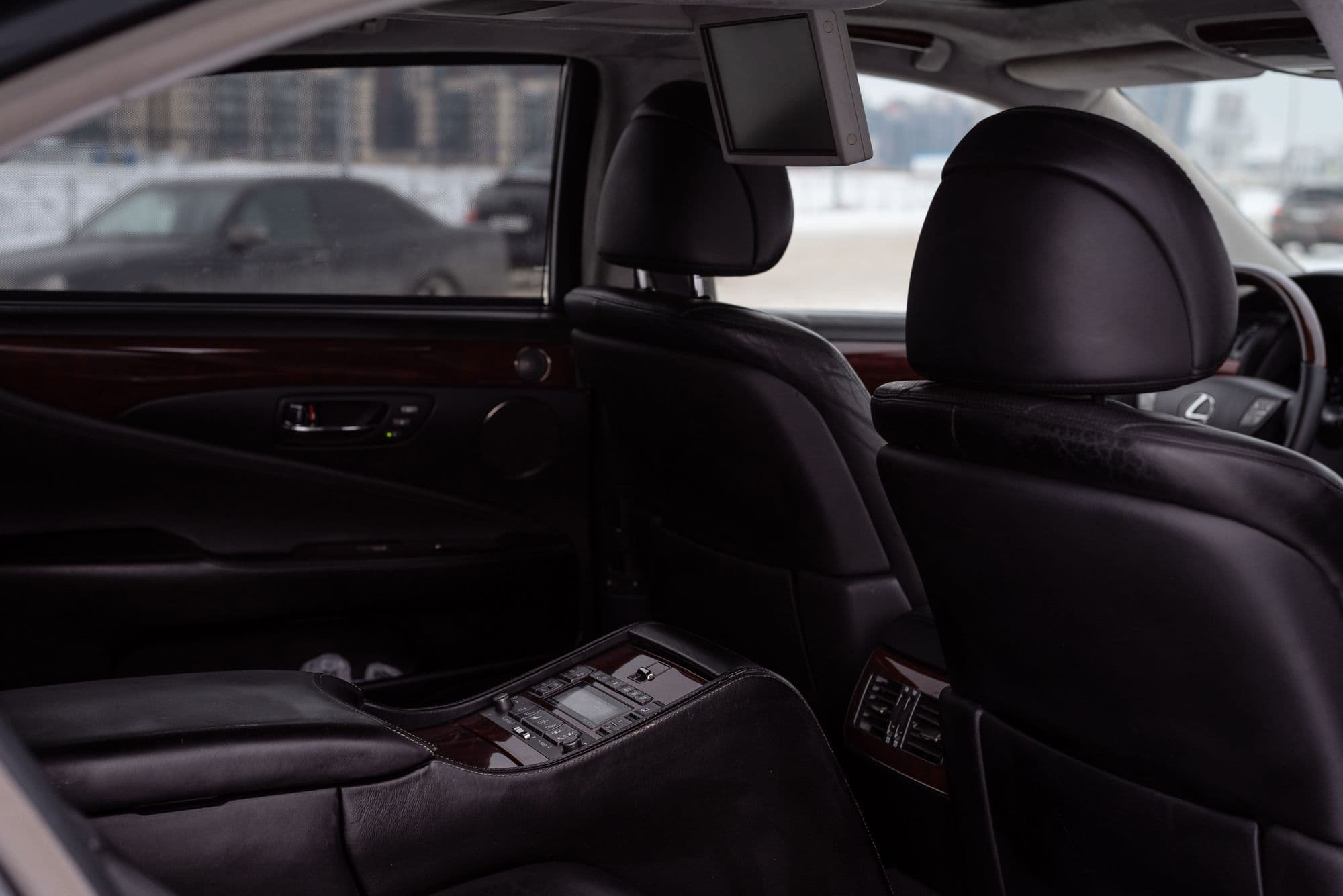 Rear cabin in black hide with polished wood door panels