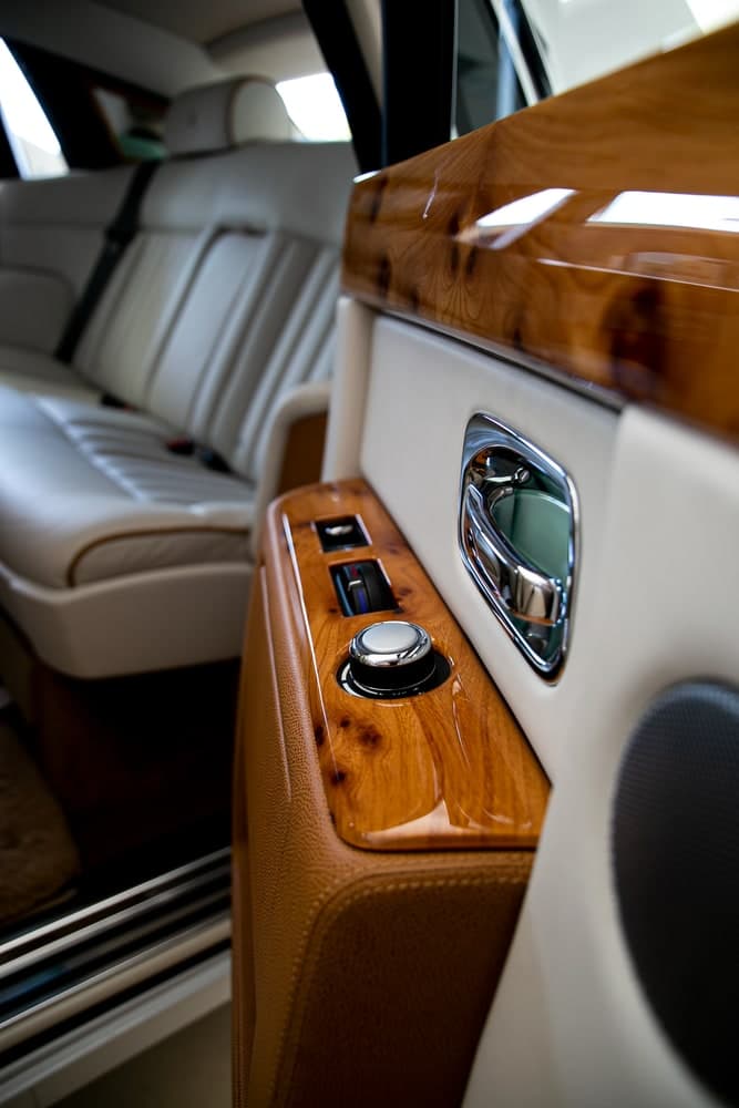Burled wood door panel and chrome handle over soft tan hide