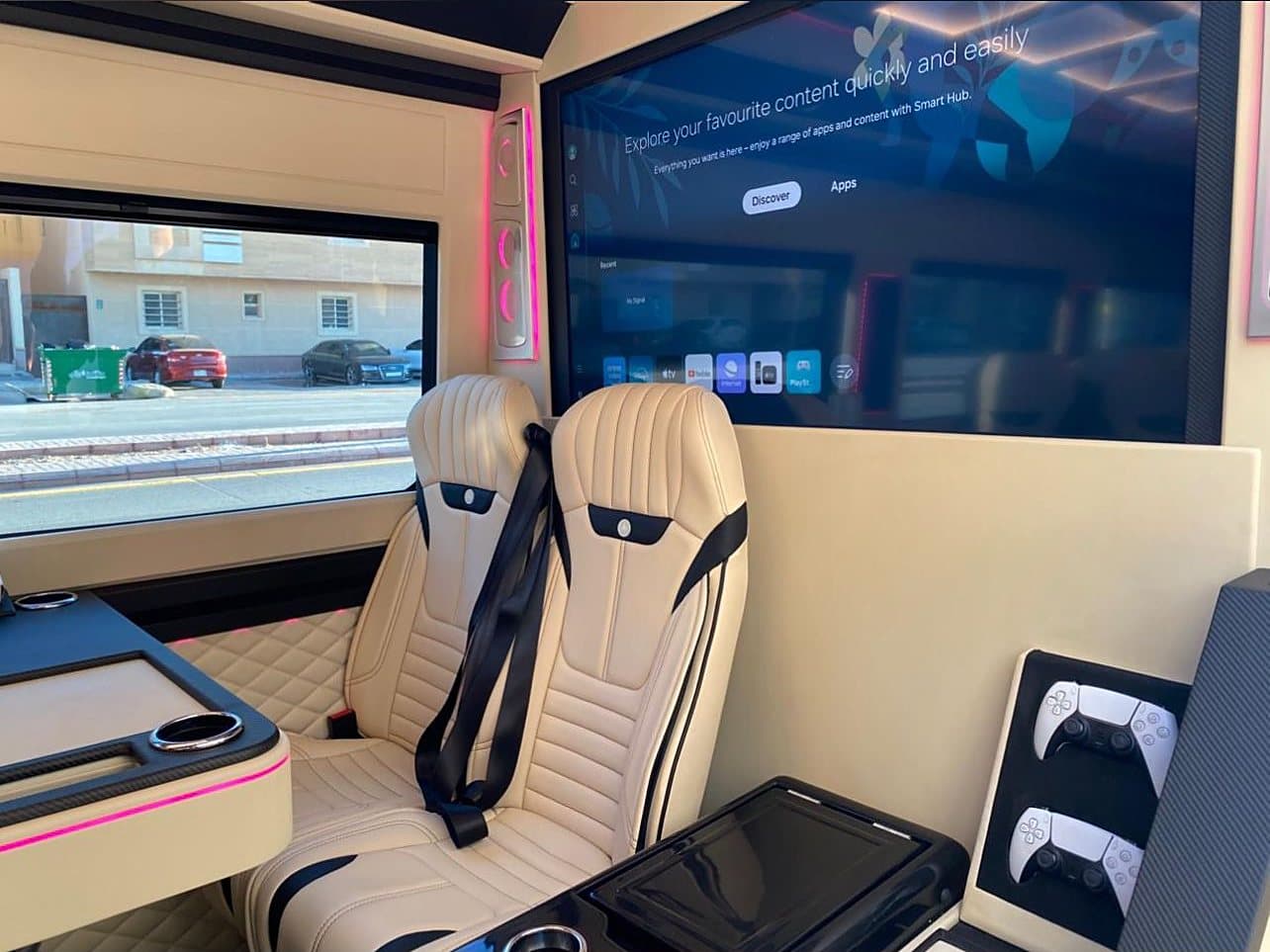 Sprinter VIP cabin with widescreen TV and quilted leather seats