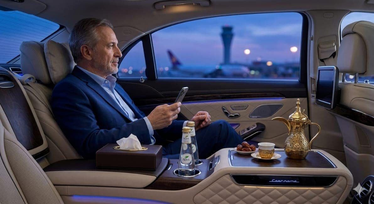 Guest seated in a dark VVIP Sprinter cabin with gahwa served at the table